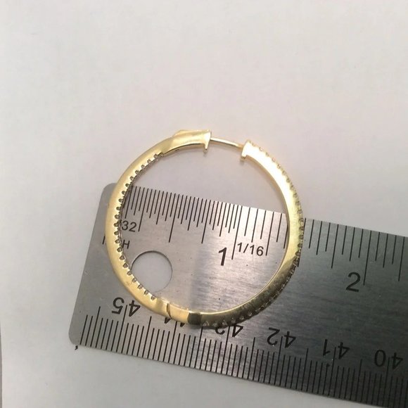 YELLOW  Solid 925 Sterling Silver POLISHED  HOOPS CZ EARRINGS 1 1/2'' - Picture 7 of 7